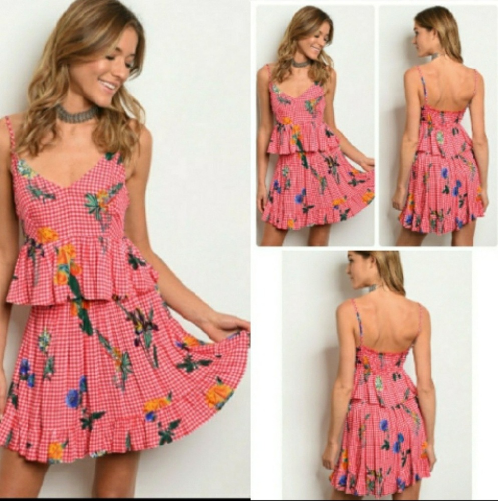 RED & WHITE CHECKED FLORAL CAMI & SKIRT